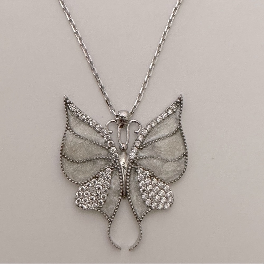925 silver white butterfly enamel necklace clear cubic zirconia cz stones